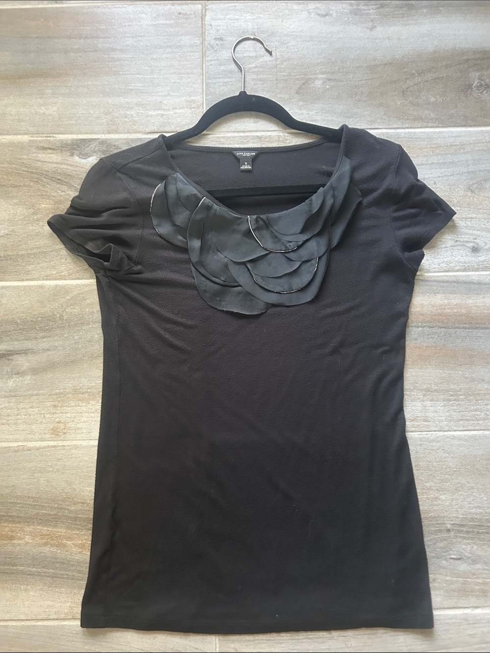 Ann Taylor Black Petal-Neck Short Sleeve Top
